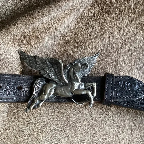 Vintage Bergamot Brass Works Pegasus Belt Buckle Tooled Black Leather Belt
